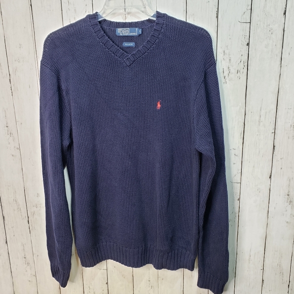 Vintage Polo Ralph Lauren Men's Blue Heavyweight V-Neck Sweater Size Large Logo. - Picture 1 of 6